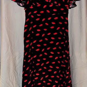 a new day Black Midi Dress with Red Lip Print